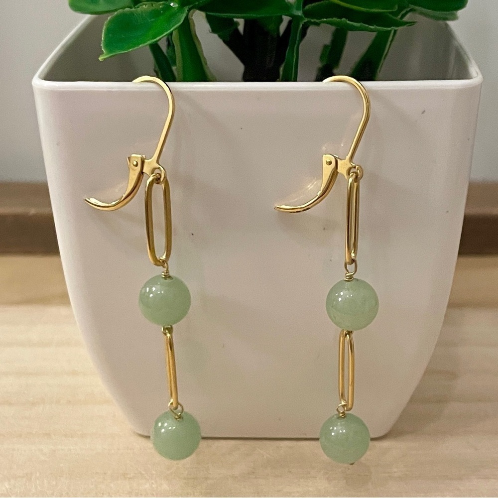24K Gold Plated Green Aventurine Earrings New